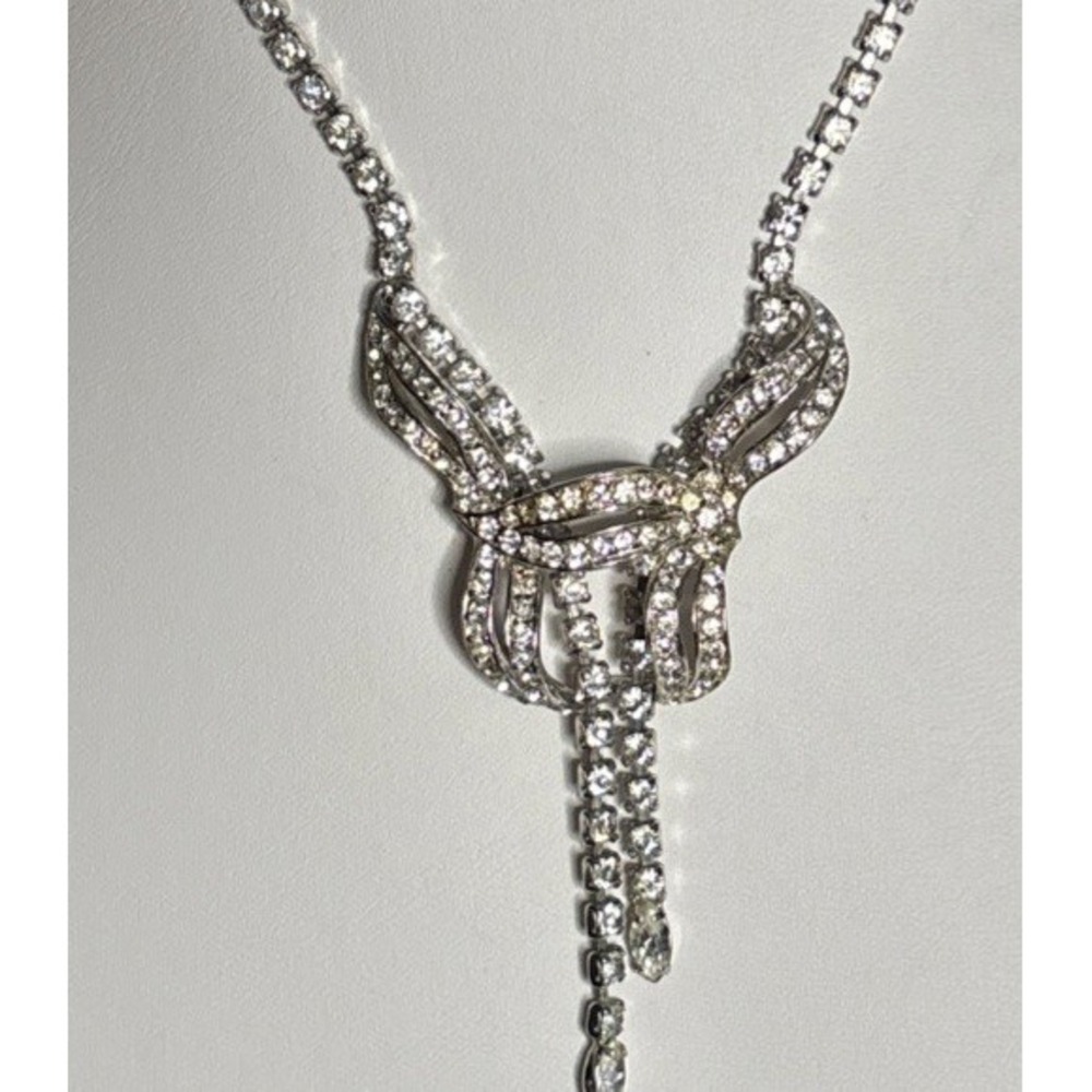 Vintage LEDO Polcini Clear Rhinestone Bow Butterfly Lariat Necklace Signed